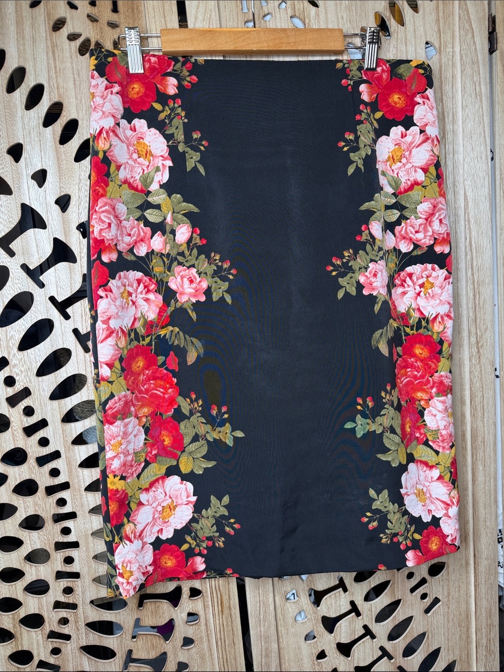 Black Floral Border Pencil Skirt in Pink & Red
